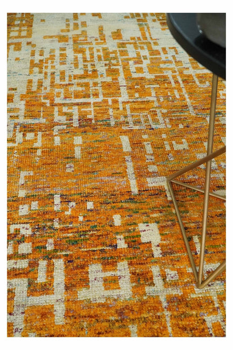 Modern Abstract 6x9 Gold and Ivory Recycled Art Silk Area Rug-Area Rug-Parc Decor