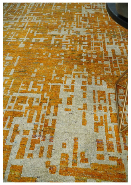 Modern Abstract 6x9 Gold and Ivory Recycled Art Silk Area Rug-Area Rug-Parc Decor