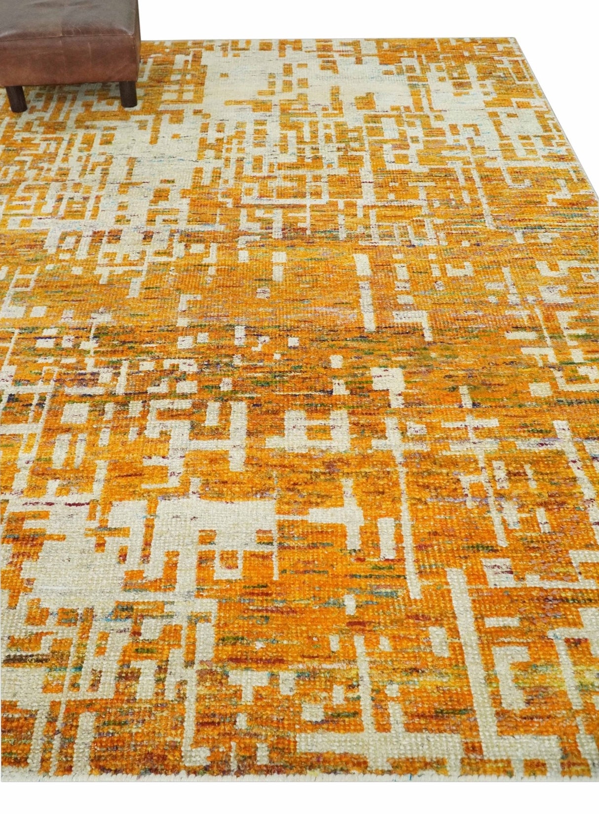 Modern Abstract 6x9 Gold and Ivory Recycled Art Silk Area Rug-Area Rug-Parc Decor