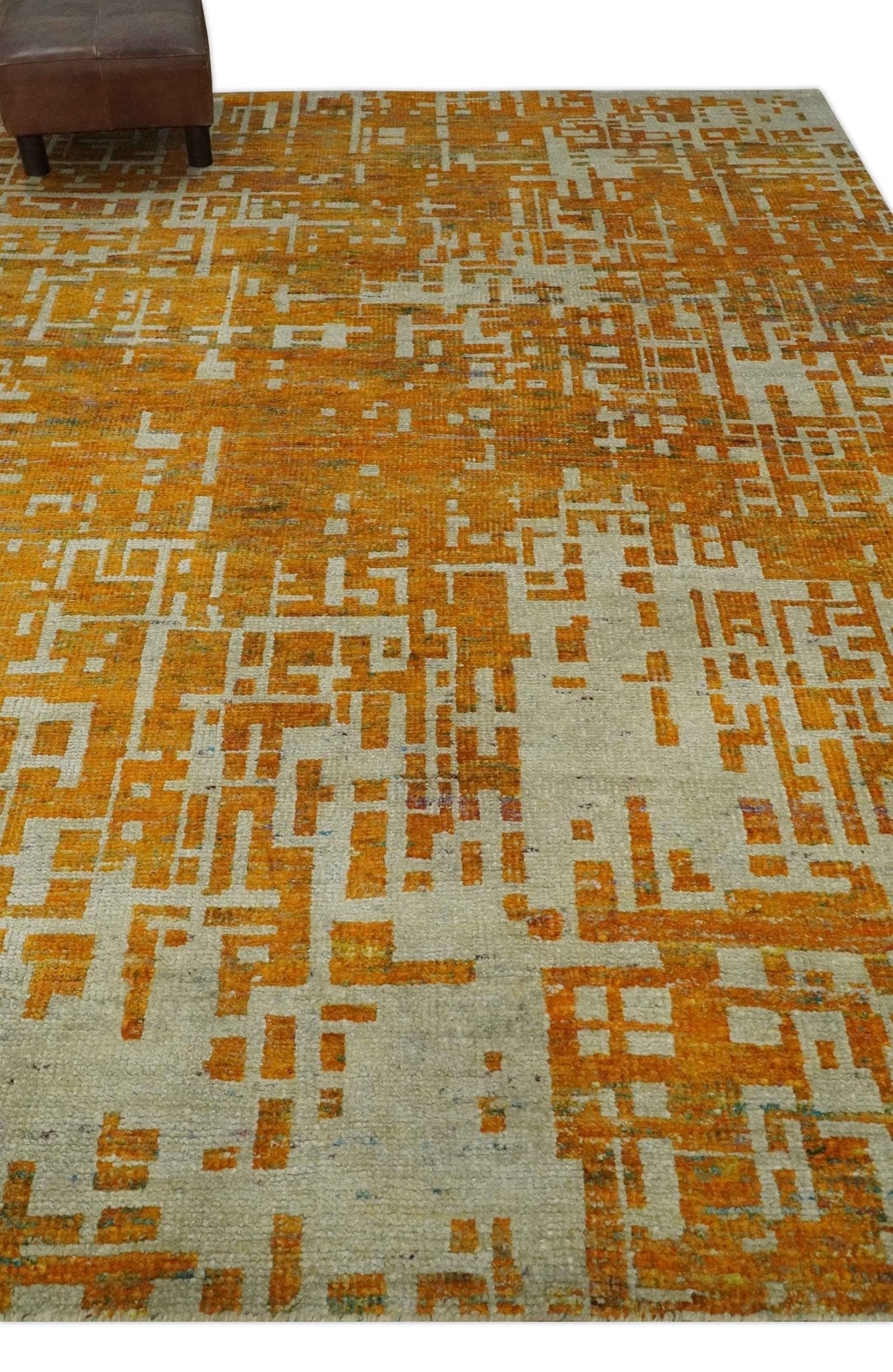 Modern Abstract 6x9 Gold and Ivory Recycled Art Silk Area Rug-Area Rug-Parc Decor