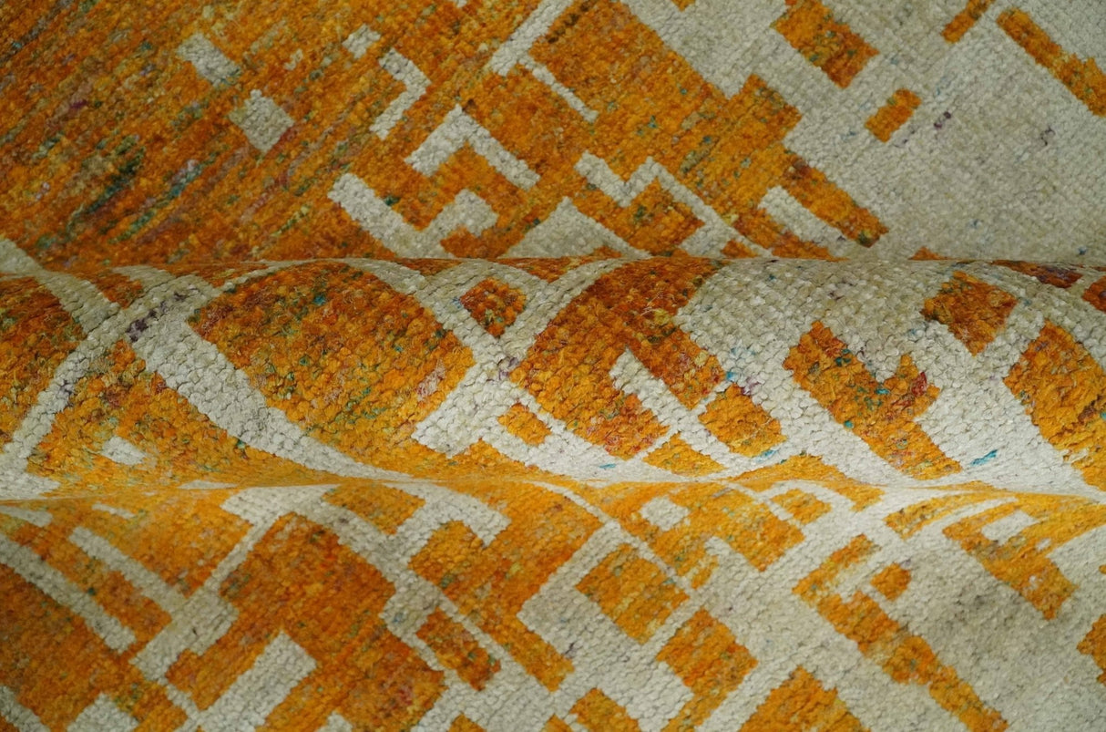 Modern Abstract 6x9 Gold and Ivory Recycled Art Silk Area Rug-Area Rug-Parc Decor