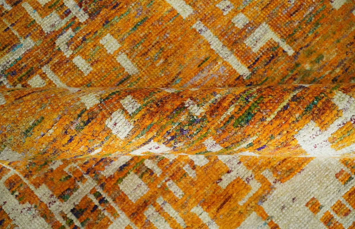 Modern Abstract 6x9 Gold and Ivory Recycled Art Silk Area Rug-Area Rug-Parc Decor