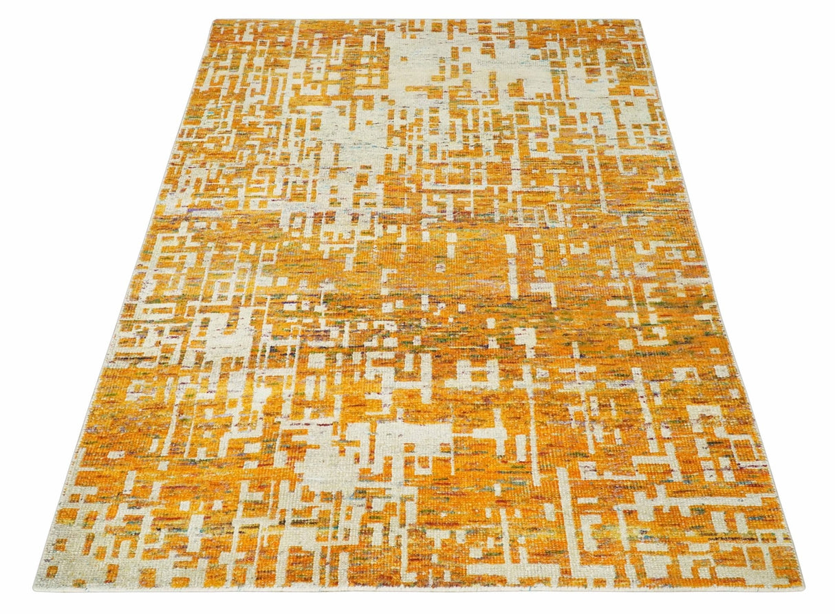 Modern Abstract 6x9 Gold and Ivory Recycled Art Silk Area Rug-Area Rug-Parc Decor