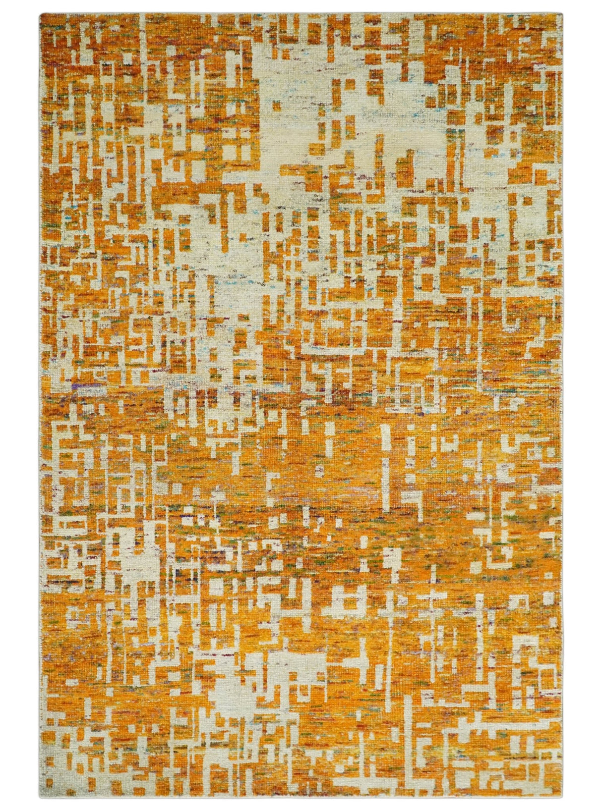 Modern Abstract 6x9 Gold and Ivory Recycled Art Silk Area Rug-Area Rug-Parc Decor