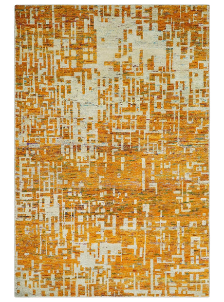 Modern Abstract 6x9 Gold and Ivory Recycled Art Silk Area Rug-Area Rug-Parc Decor