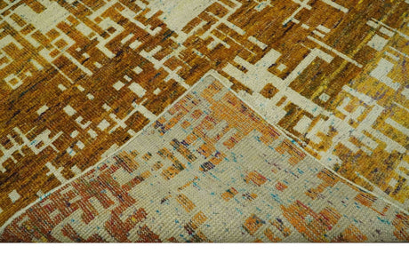 Modern Abstract 8x10 Gold, Rust and Ivory Hand Knotted Recycled Art Silk Rug