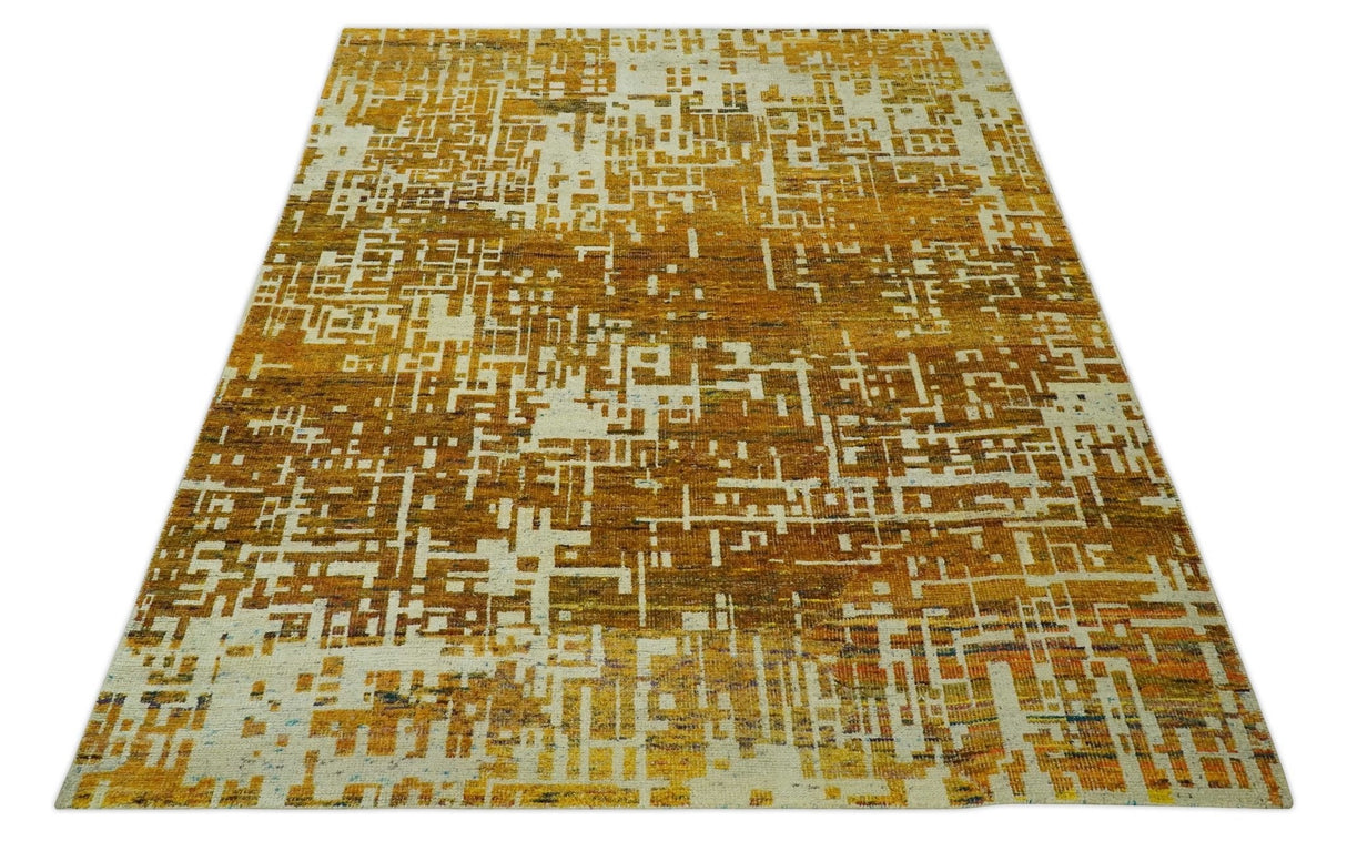 Modern Abstract 8x10 Gold, Rust and Ivory Hand Knotted Recycled Art Silk Rug-Area Rug-Parc Decor