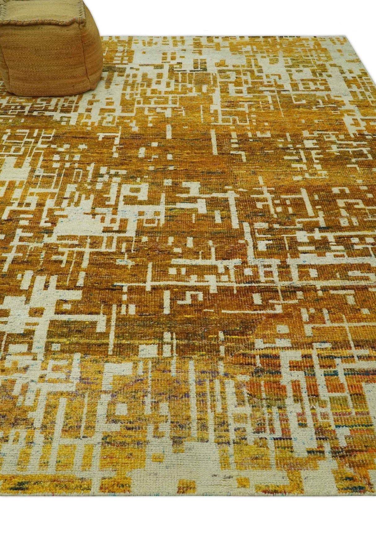 Modern Abstract 8x10 Gold, Rust and Ivory Hand Knotted Recycled Art Silk Rug-Area Rug-Parc Decor