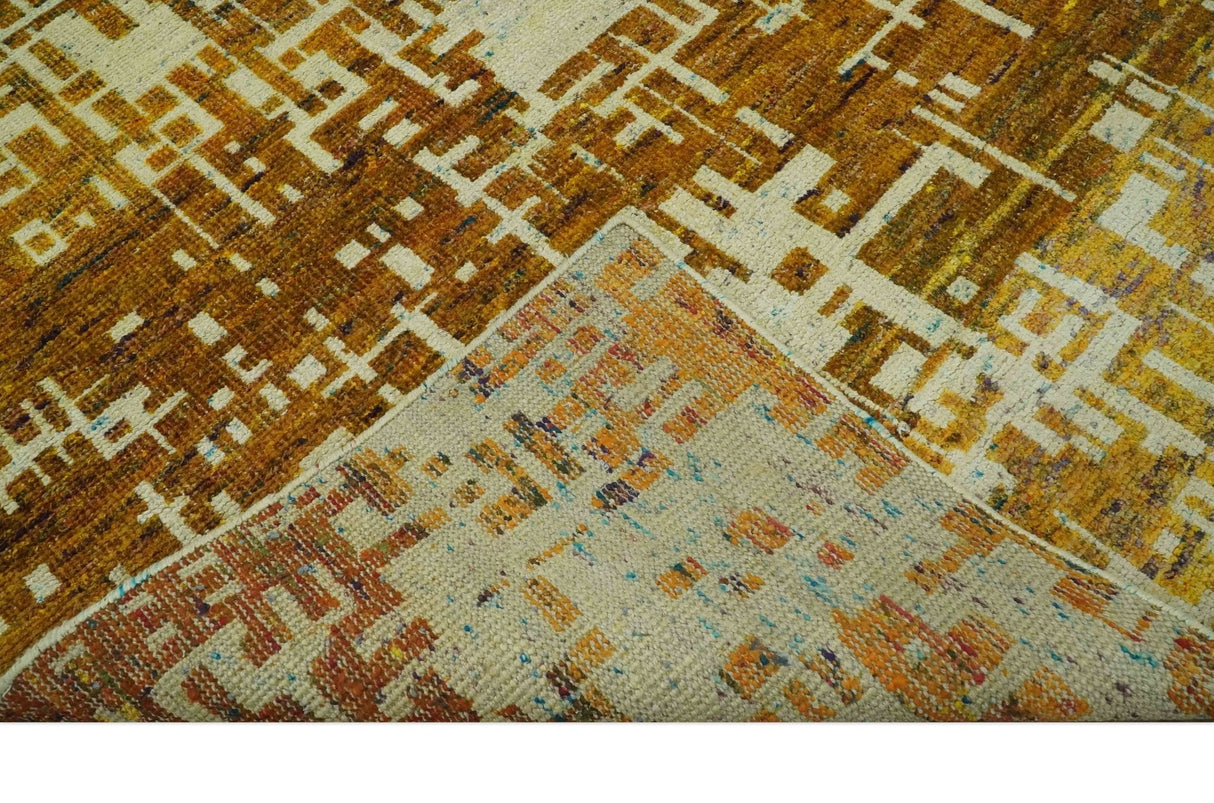 Modern Abstract 8x10 Gold, Rust and Ivory Hand Knotted Recycled Art Silk Rug-Area Rug-Parc Decor