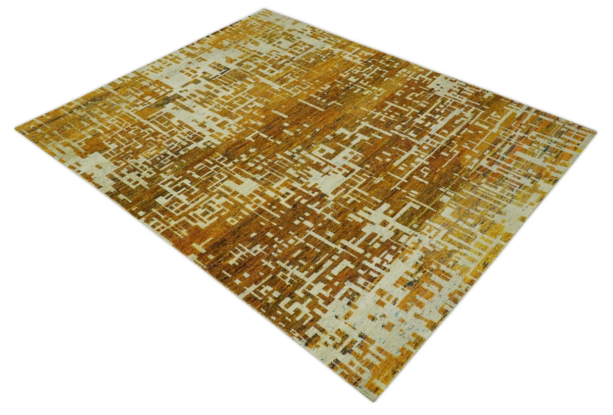 Modern Abstract 8x10 Gold, Rust and Ivory Hand Knotted Recycled Art Silk Rug-Area Rug-Parc Decor