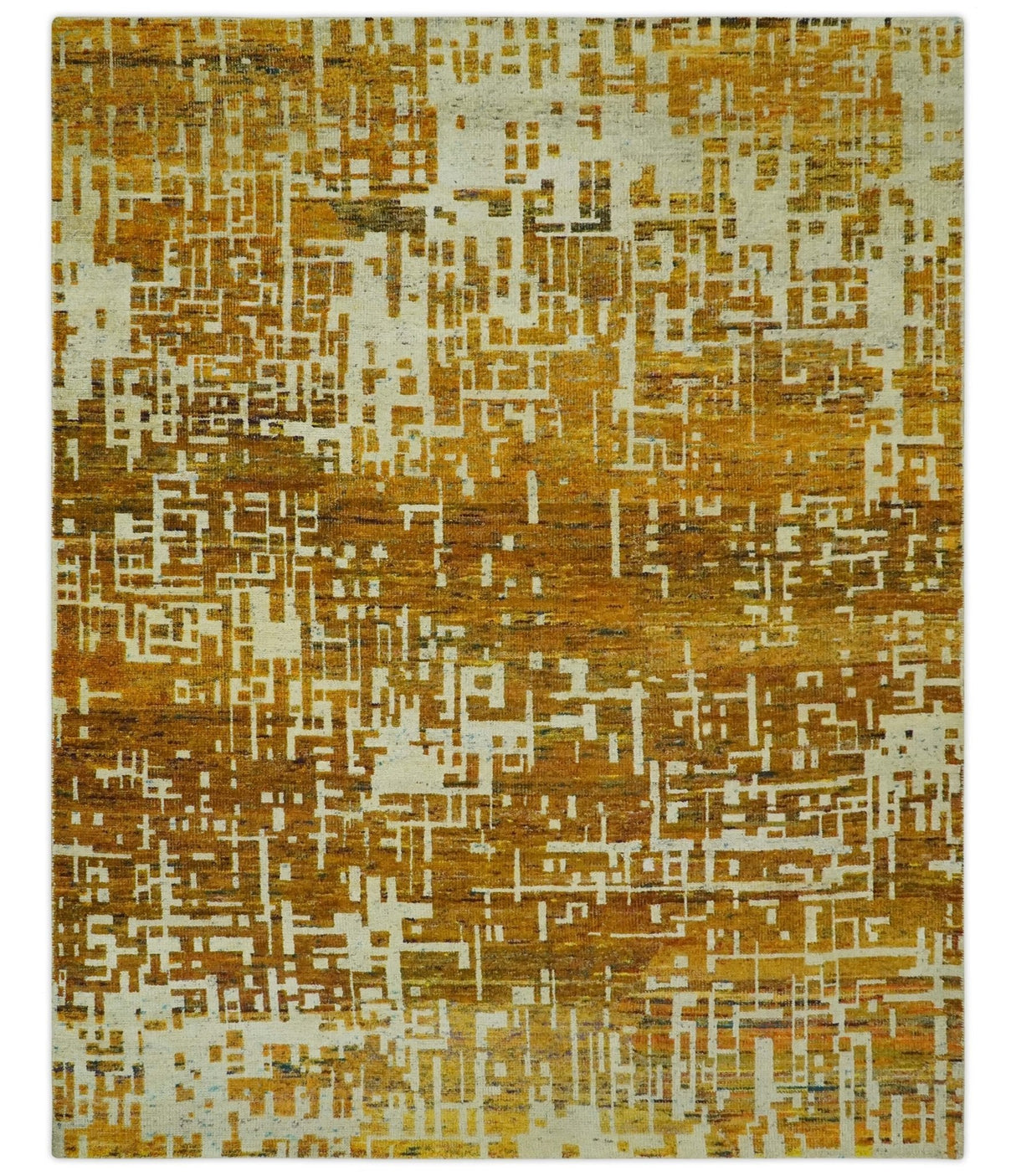 Modern Abstract 8x10 Gold, Rust and Ivory Hand Knotted Recycled Art Silk Rug-Area Rug-Parc Decor