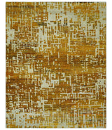 Modern Abstract 8x10 Gold, Rust and Ivory Hand Knotted Recycled Art Silk Rug-Area Rug-Parc Decor