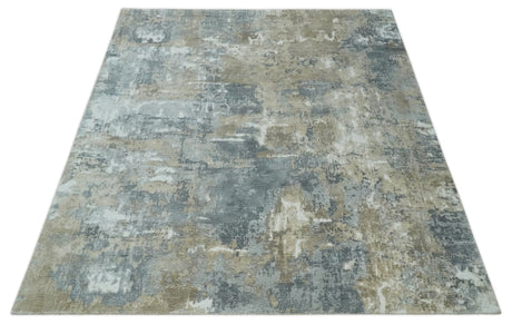 Modern Abstract 8x10 Silver, Charcoal and Olive Hand Loomed Blended wool and Art silk Area Rug