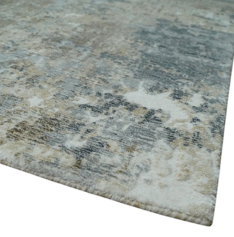 Modern Abstract 8x10 Silver, Charcoal and Olive Hand Loomed Blended wool and Art silk Area Rug