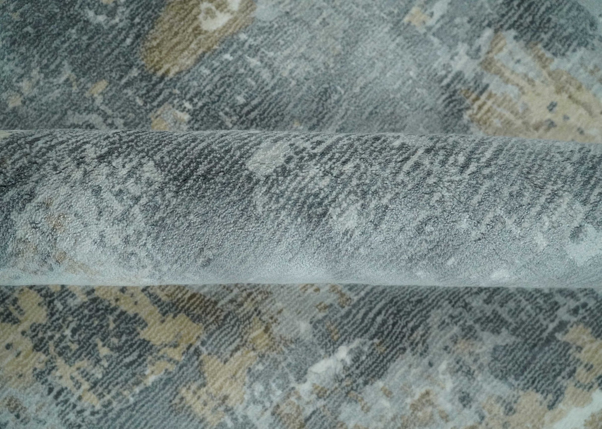 Modern Abstract 8x10 Silver, Charcoal and Olive Hand Loomed Blended wool and Art silk Area Rug