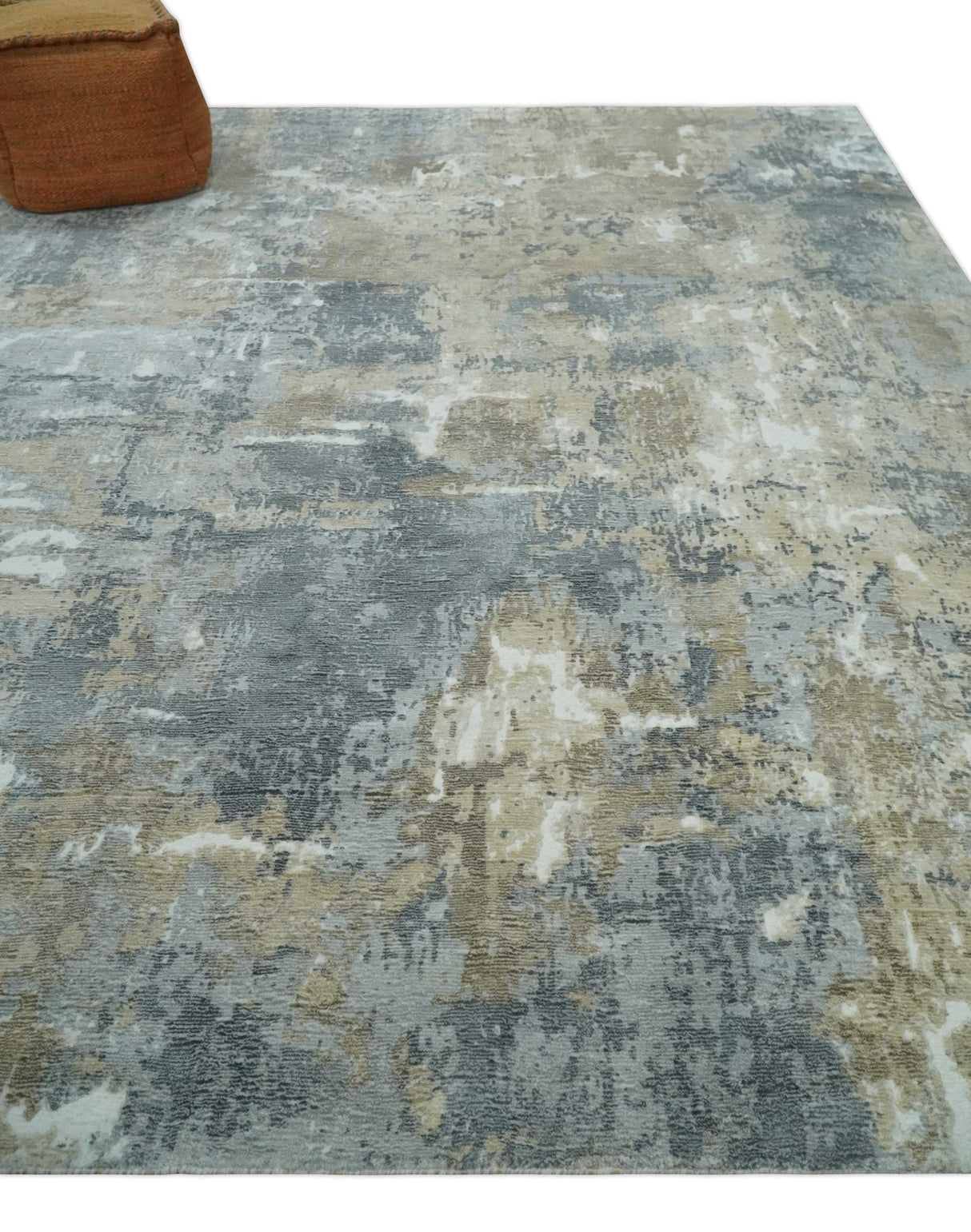 Modern Abstract 8x10 Silver, Charcoal and Olive Hand Loomed Blended wool and Art silk Area Rug-Area Rug-Parc Decor