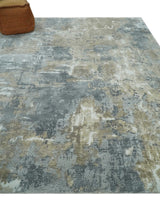 Modern Abstract 8x10 Silver, Charcoal and Olive Hand Loomed Blended wool and Art silk Area Rug-Area Rug-Parc Decor