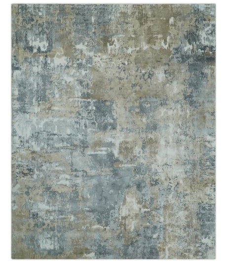 Modern Abstract 8x10 Silver, Charcoal and Olive Hand Loomed Blended wool and Art silk Area Rug-Area Rug-Parc Decor