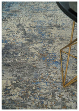 Modern Abstract Beige, Blue and Charcoal Hand knotted 8x10 wool and Bamboo Silk Area Rug