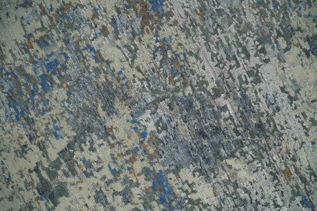 Modern Abstract Beige, Blue and Charcoal Hand knotted 8x10 wool and Bamboo Silk Area Rug