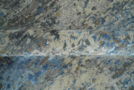 Modern Abstract Beige, Blue and Charcoal Hand knotted 8x10 wool and Bamboo Silk Area Rug