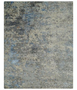 Modern Abstract Beige, Blue and Charcoal Hand knotted 8x10 wool and Bamboo Silk Area Rug