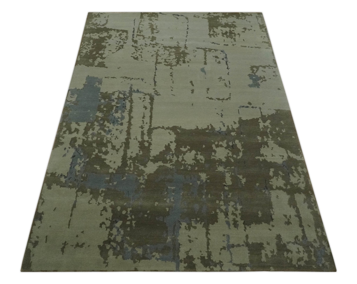 Modern abstract Beige, Olive and Gray 6x9 Hand Knotted Wool and Art Silk Area Rug-Area Rug-Parc Decor