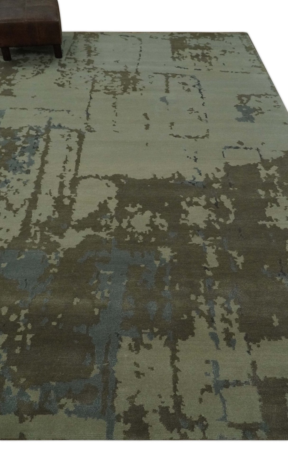 Modern abstract Beige, Olive and Gray 6x9 Hand Knotted Wool and Art Silk Area Rug-Area Rug-Parc Decor