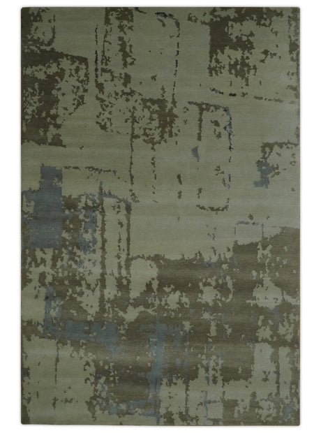 Modern abstract Beige, Olive and Gray 6x9 Hand Knotted Wool and Art Silk Area Rug-Area Rug-Parc Decor