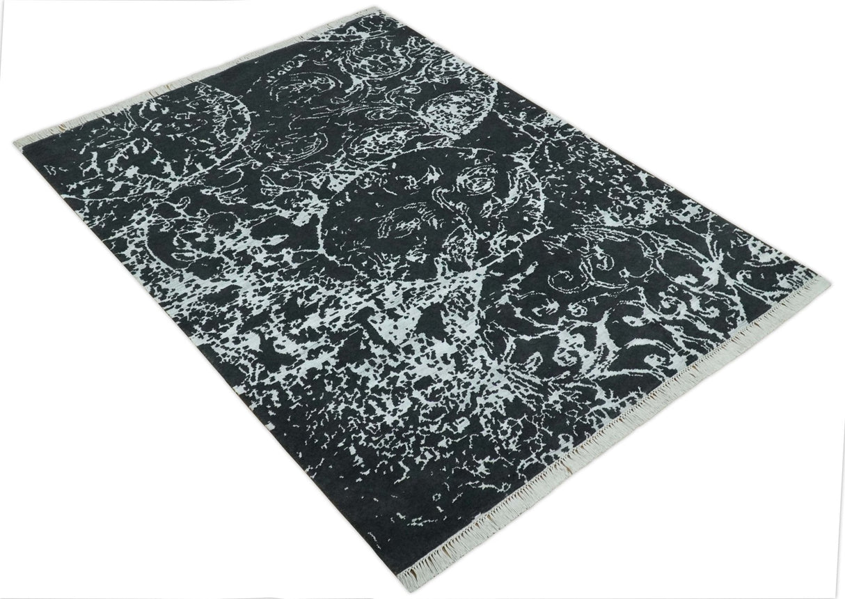 Modern Abstract Black and Silver Hand Knotted 6x9 Wool and Bamboo silk Area Rug
