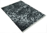 Modern Abstract Black and Silver Hand Knotted 6x9 Wool and Bamboo silk Area Rug