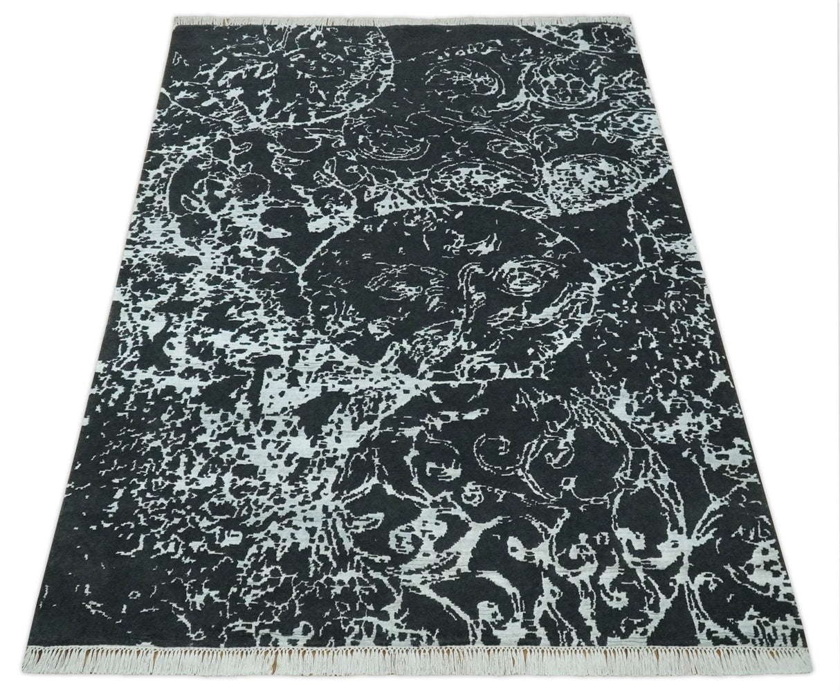 Modern Abstract Black and Silver Hand Knotted 6x9 Wool and Bamboo silk Area Rug
