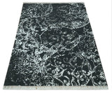 Modern Abstract Black and Silver Hand Knotted 6x9 Wool and Bamboo silk Area Rug