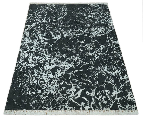 Modern Abstract Black and Silver Hand Knotted 6x9 Wool and Bamboo silk Area Rug
