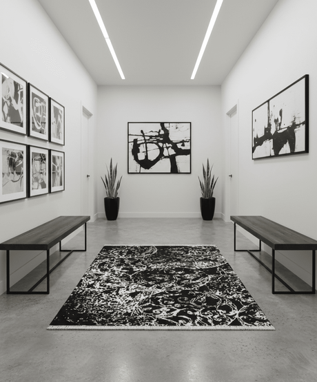Modern Abstract Black and Silver Hand Knotted 6x9 Wool and Bamboo silk Area Rug
