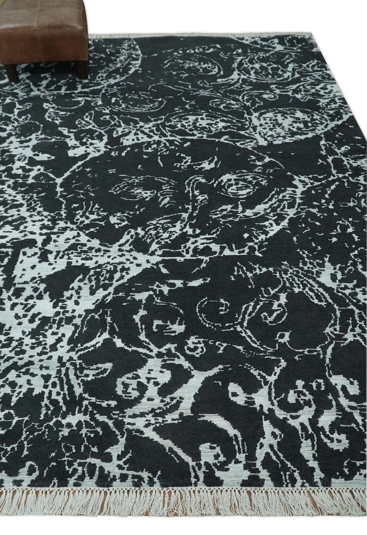 Modern Abstract Black and Silver Hand Knotted 6x9 Wool and Bamboo silk Area Rug