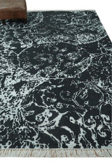 Modern Abstract Black and Silver Hand Knotted 6x9 Wool and Bamboo silk Area Rug