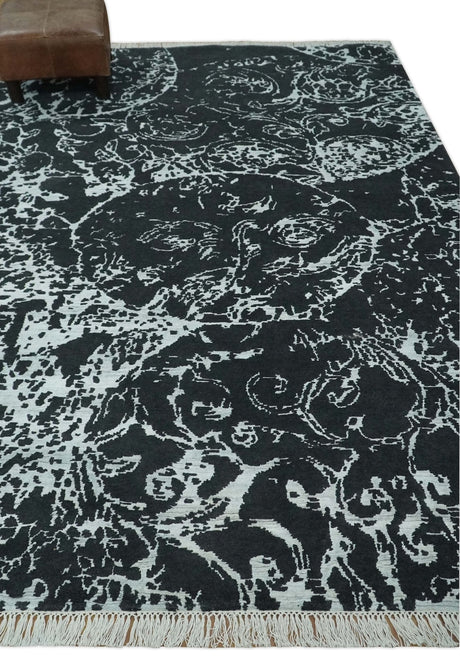 Modern Abstract Black and Silver Hand Knotted 6x9 Wool and Bamboo silk Area Rug