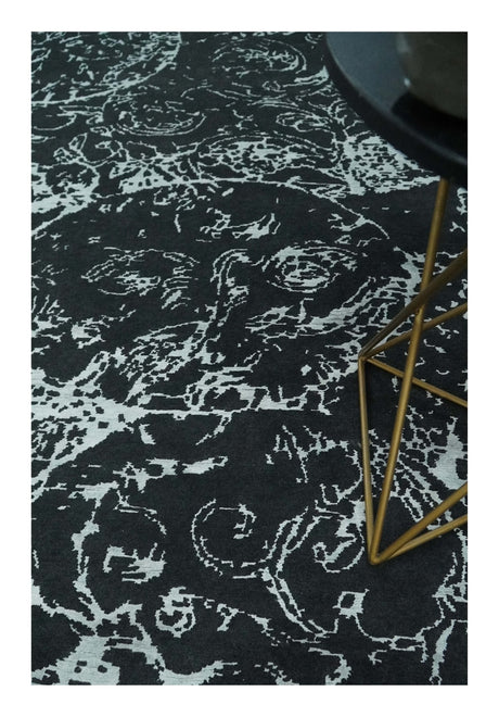 Modern Abstract Black and Silver Hand Knotted 6x9 Wool and Bamboo silk Area Rug