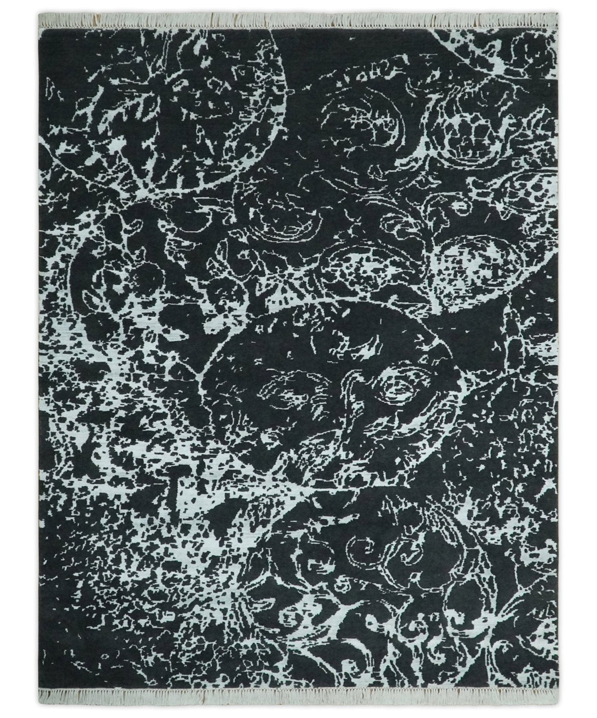 Modern Abstract Black and Silver Hand Knotted 6x9 Wool and Bamboo silk Area Rug