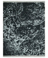 Modern Abstract Black and Silver Hand Knotted 6x9 Wool and Bamboo silk Area Rug
