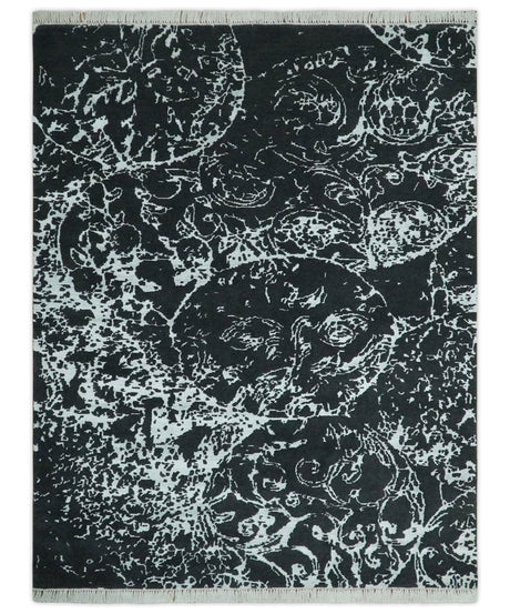 Modern Abstract Black and Silver Hand Knotted 6x9 Wool and Bamboo silk Area Rug