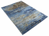 Modern Abstract Blue And Beige 4x6 Hand Knotted Bamboo Silk Rug
