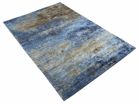 Modern Abstract Blue And Beige 4x6 Hand Knotted Bamboo Silk Rug