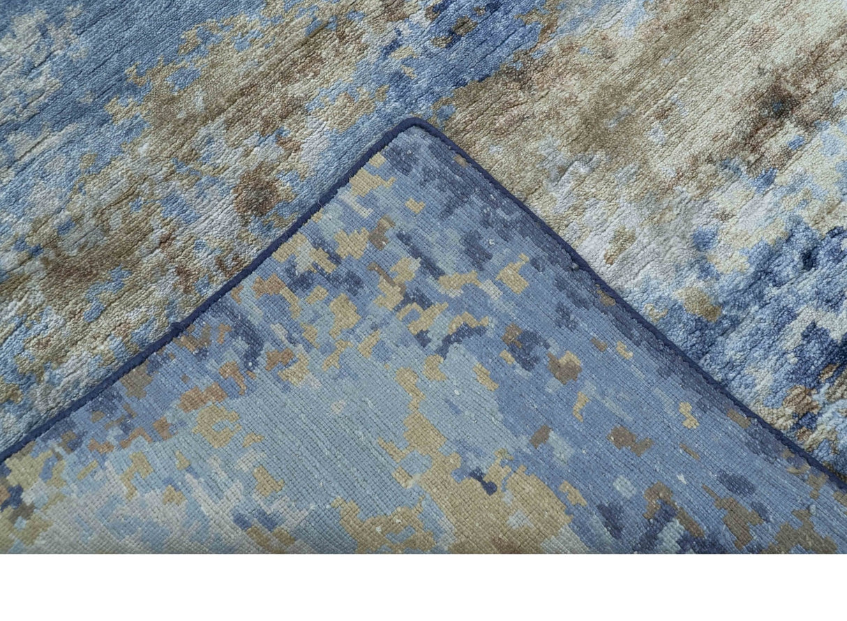 Modern Abstract Blue And Beige 4x6 Hand Knotted Bamboo Silk Rug