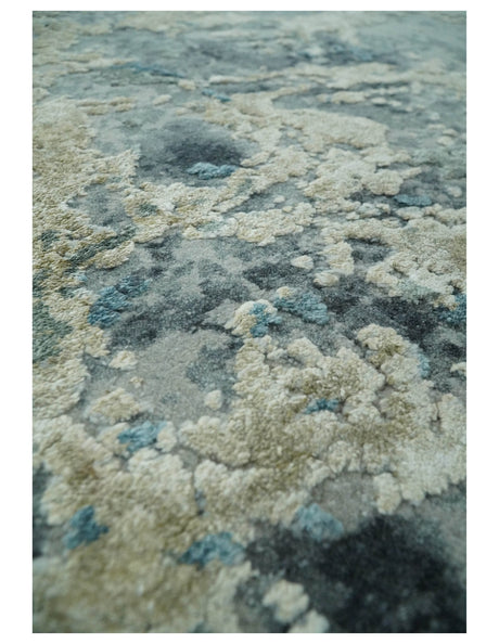 Modern Abstract Blue and Beige Hand Knotted 8x10 Bamboo Silk Rug
