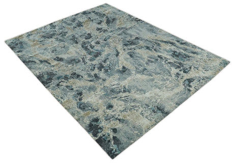 Modern Abstract Blue and Beige Hand Knotted 8x10 Bamboo Silk Rug