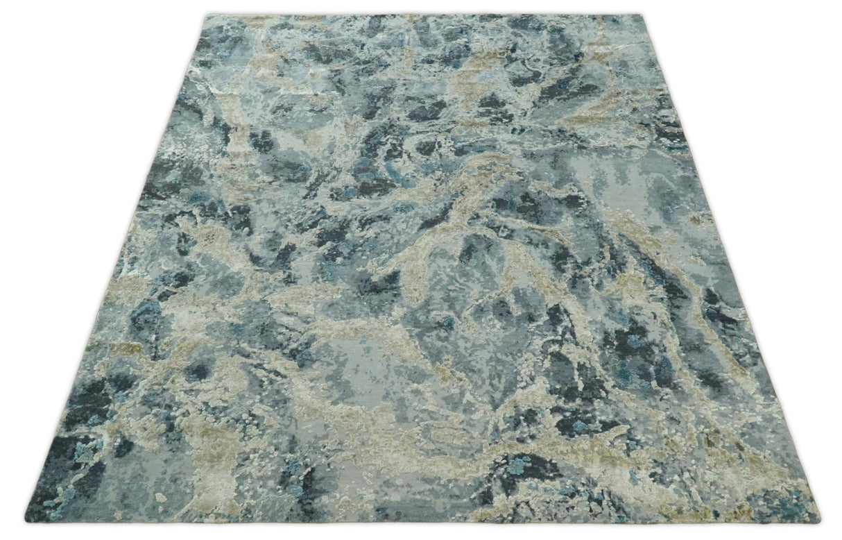 Modern Abstract Blue and Beige Hand Knotted 8x10 Bamboo Silk Rug