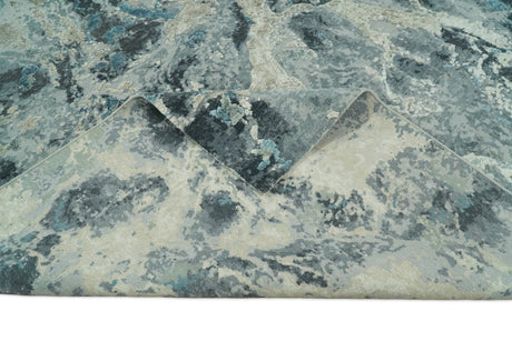 Modern Abstract Blue and Beige Hand Knotted 8x10 Bamboo Silk Rug