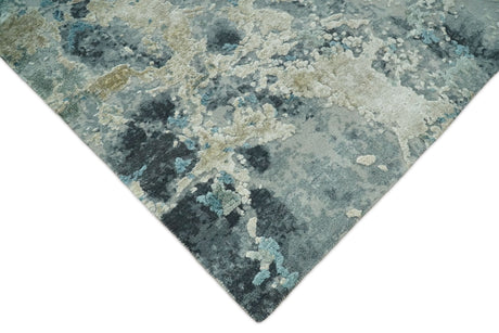 Modern Abstract Blue and Beige Hand Knotted 8x10 Bamboo Silk Rug
